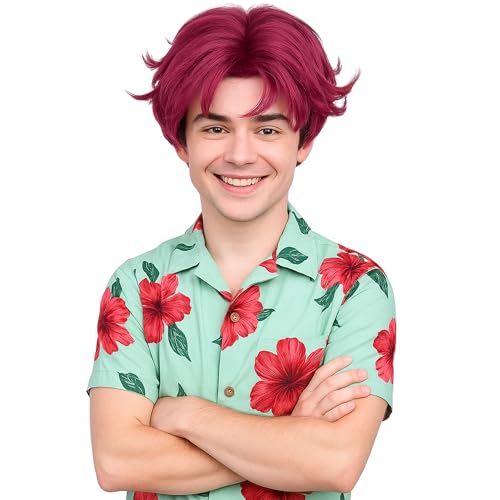 PUREHAIR Short Hot Pink Cosplay Wig and 2 PCS Purple Ombre Tattoos for Men - Anime Cosplay Wigs for Mens Halloween Costume Party (Hot Pink)