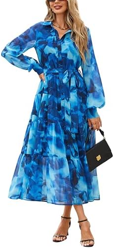 PRETTYGARDEN Women's Fall Dress 2025 Casual Long Sleeve Button Down Belted Boho Floral Flowy Maxi Wedding Guest Dresses