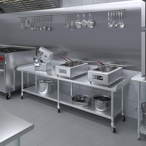 Image of AmGood Stainless Steel Equipment Stand with Undershelf + Casters, Heavy Duty, Commercial Grade, NSF Certified (24 inch Width x 96 inch Length + Casters)