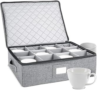 StorageLAB Cup and Mug Storage Box, Holds 12 Coffee Mugs and Tea Cups, Fully-Padded Inside with Sturdy Construction (Grey)