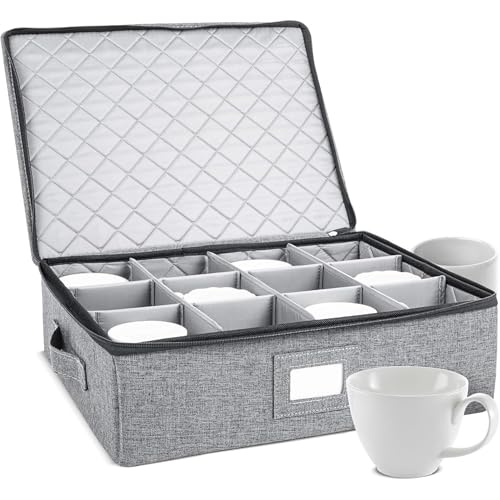 StorageLAB Cup and Mug Storage Box, Holds 12 Coffee Mugs and Tea Cups, Fully-Padded Inside with Sturdy Construction (Grey)
