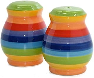 Windhorse Rainbow Striped Ceramic Salt & Pepper Cruet Shaker Set - 7cm - Hand Painted