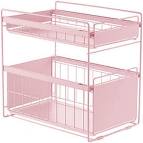 LIFOND Under Sink Storage Under Sink Organizer Rack With Sliding Storage Drawer, 2 Tier Pull Out Cabinets Organizer Shelf, Sliding Kitchen Countertop Storage Basket pink-large, Pink L