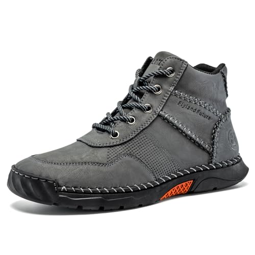 Image of FLYLAND Men's Leather Mid Top Ankle Boots Side Zipper Casual Work Shoes