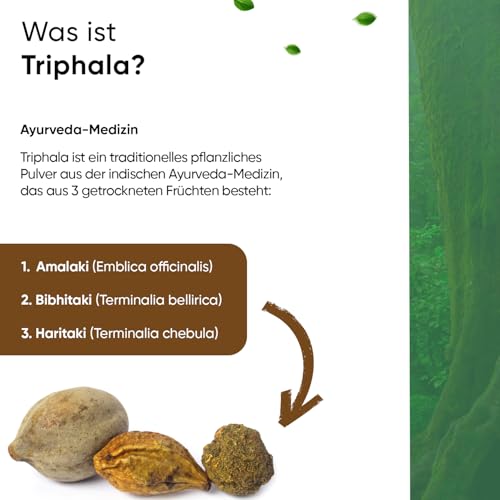 Triphala 300 Kapseln, 1500 mg Hochdosiert, 5 Monatsvorrat, inklusive Pillenbox, Hochdosiert aus Haritaki, Amalaki und Bibhitaki, 100% Vegan, Rein pflanzlich, Laborgeprüft, Made in Germany