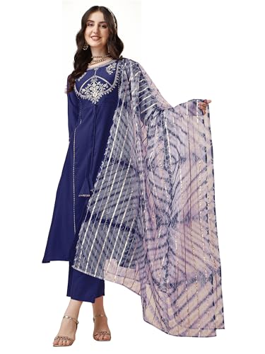 Image of EthnicJunction Women's Chinon Embroidered Straight Front Slit Kurta Palazzo & Organza Dupatta Set | Wedding | Heavy | Outfit | Suit