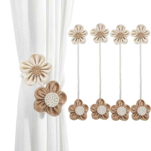 Image of Catchy Rope White & (Set of Brown Holders Holdback 2) Curtains Tieback Drapery Jute Tiebacks. Natural Decorative Window Neutral Combo Curtains Floral Curtain Beautiful (4, Jute)