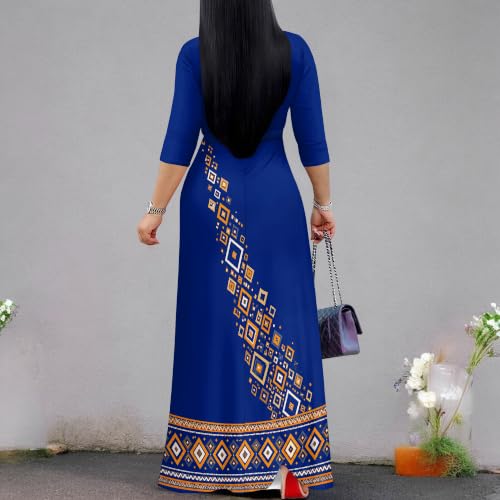Image of Plus Size Maxi Dress for Women V Neck 3 /4 Sleeve Wrap Dress Blue Tribal S | Blue Tribal Geometric Women's Maxi Dress