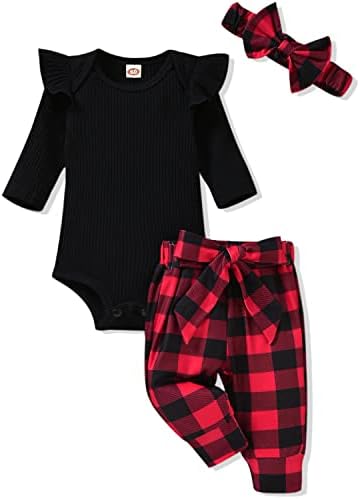 Aalizzwell Newborn Baby Girls Christmas Outfits Ribbed Bodysuit Romper Buffalo Plaid Pants Set Fall Winter Xmas Clothes NB