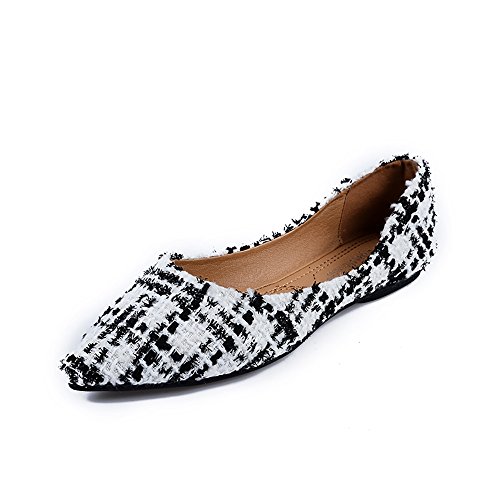 Meeshine Womens Classic Pointy Toe Ballet Flats Slip On Plaid Dress Flat Shoes White-02 US 8