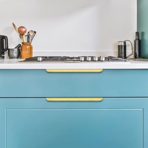 Image of Gold Cabinet Handles Finger Edge Pulls 11.8 Inch CC 20 Pack | Low-Profile Finger Grip, Cabinet Door Edge Mount, Smooth Handle Shape, 5.9 Inch (150mm), For Drawers, Cupboards, Kitchen