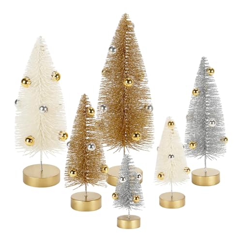 6 Pack Mini Christmas Trees, Small Miniature Frosted Bottle Brush Christmas Tree Decorations Tiny Tabletop Glittered Tree with Bead Ornaments Winter Holiday Décor for Tiered Tray Mantel Assorted Sizes