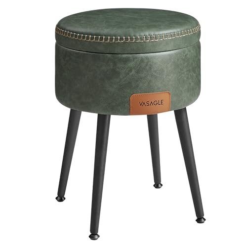 VASAGLE EKHO Colección - Puff Almacenaje, Taburete de Tocador, Piel Sintética con Costura, Moderno Siglo Mediado, Asiento Redondo Almacenaje con Patas de Acero, Carga 150 kg, Verde Bosque LOM005C01