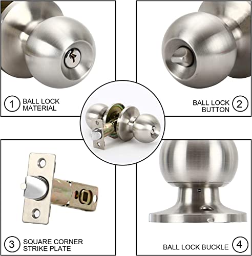 Rulart Door Knob With Lock Key - Keyed Entry Door Lock，Round Bedroom Door Knobs With Lock And Key,Entrance (Privacy/Entry) In Satin Stainless Steel（4 Pack ） #TOP3