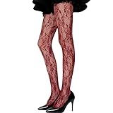 MOSIERRY Collants à motif résille noir blanc rouge en dentelle pour femme, Collants résille rouge floral pour femme, Collant résille à la mode, bordeaux, Taille unique