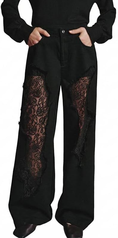 URBAN REVIVO Womens Ripped Lace Patch Wide Leg Jeans, High Waist Distressed Denim Trousers