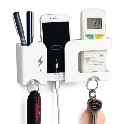 Image of CERLINK Wall Mobile Holder for Charging | Multi-Purpose Wall Mounted Phone Stand | Remote Holder with Pen & Key Storage | Mobile Charging Stand Organizer for Home & Office (White)