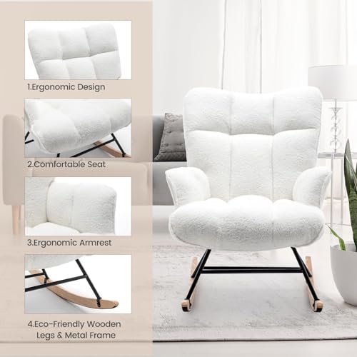Image of SAETSFEG Rocking Chair Nursery Teddy Upholstered Glider Rocker Rocking Accent Chair Padded Seat with High Backrest Armchair Comfy Side Chair for Living Room Bedroom Offices (White Teddy)