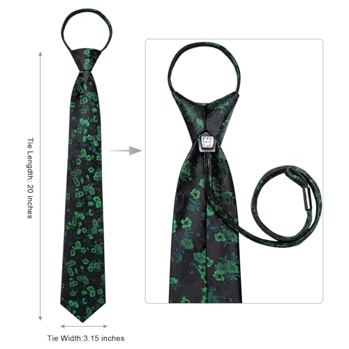 Image of Hi-Tie Zipper Green and Black Floral Ties for Men Adjustable Pre-Tied Necktie Lapel Pin Pocket Square Cufflinks Set