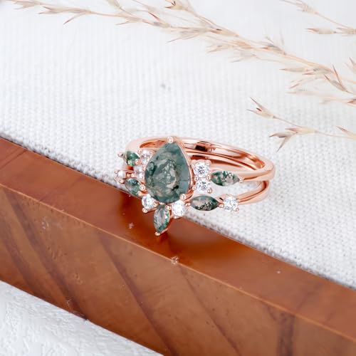 1.5 CT Natural Moss Agate Ring Set - Pear Shape Moss Agate and Moissanite Engagement Rings for Women - 925 Sterling Silver Art Deco Promise Wedding Bridal Set2