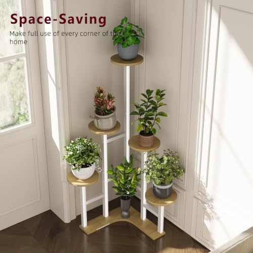 Image of Yzosvki Corner Plant Stand Indoor 6 Tiered Corner Plant Shelf | Flower Stand for Multiple Plants, Plant Shelves Organizer Rack for Living Room, Balcony, Patio, Garden, White Oak