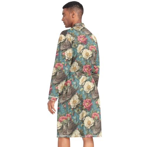 Men’s Robe Floral Hat Print, Long Sleeve Bathrobe for Sleep Shower-M4