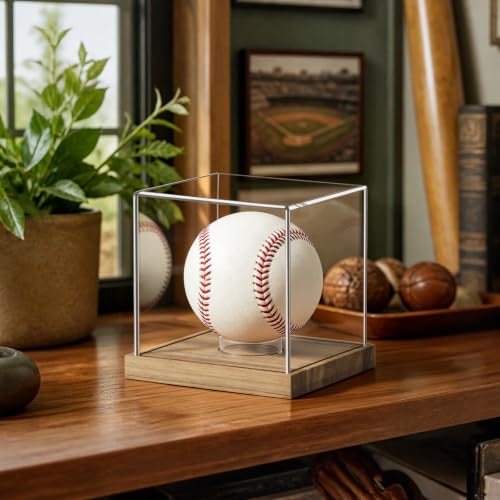 Image of Hooqict Baseball Display Case Clear Acrylic Baseball Holder Display Case UV Protected Cube with Wood Base Stand Championship Sports Collections Box for Game Balls
