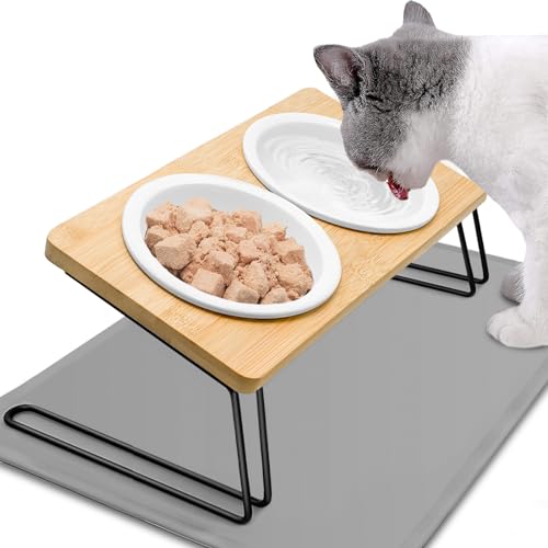 Otauoaea Comedero Gato Elevado Ceramica, 2X Comedero Perro, Comederos para Gatos Inclinado 15° Ceramica con Soporte de Bambú y Antideslizante Alfombrilla, Comederos y Bebederos para Gatos y Perros