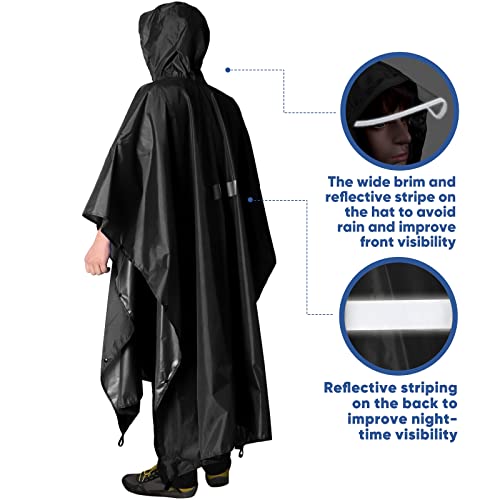 Anyoo Imperméable léger Poncho imperméable réutilisable et Respirant. Imperméable à l'eau avec Capuchon en Toile idéal pour la pêche à l'extérieur en Camping de randonnée pédestre-Noir-Taille unique