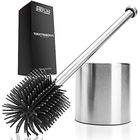 HEFLIN Premium Edelstahl Toilettenbürste Silikon - WC-Bürste aus Silikon für gründliche Reinigung - Hochwertige Klobürste inkl. gebürstetem Edelstahl Behälter mit Glas Einsatz Cover
