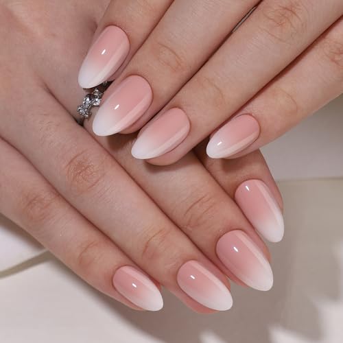 Gel Press On Nails - Short White Ombre, Almond Shape, Artificial ...