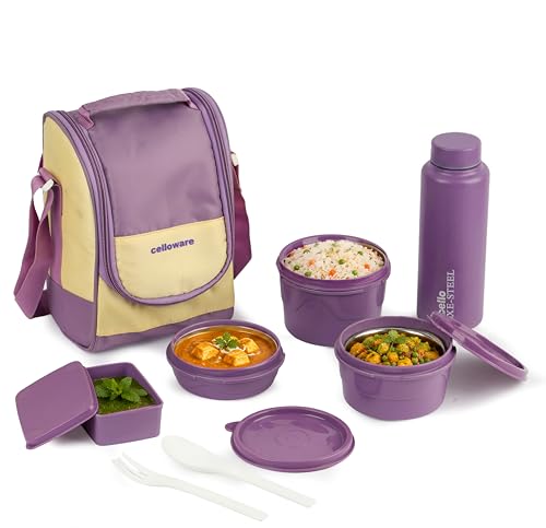 CELLO MF All In One Lunch Box with Bag for Office Use Purple | 225ml, 375ml, 550ml Microwave Safe Containers, 175ml Salad Box, 900ml Bottle with Fork 
