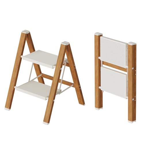 2 Step Lightweight Aluminum Folding Ladder, Portable Step Stool with Anti-Slip Pedals, 330 lbs Capacity for Home, Office, Kitchen（White&Woodgrain）
