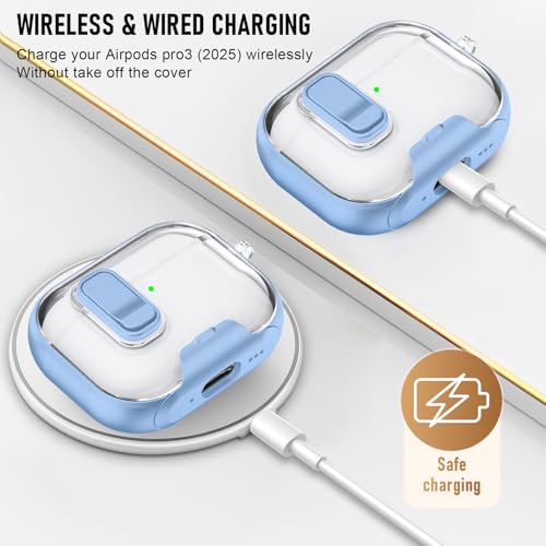 Image of Compatible Airpods Pro 3 Case (2025) with Phone Stand & Cleaner Kit,Print Soft Silicone Lock Clip Apple AirPods Pro 3rd Generation Case, Airpod Pro 3 Cover with Keychain for Women /Girls,Light Blue