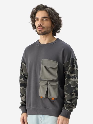 Image of The Souled Store Black Ops Men and Boys Long Sleeve Round Neck Grey Oversized Fit Sweatshirts Oversized Sweatshirts for Men Hoodies Pullovers Graphic Printed Relaxed Loose Fit Drop Shoulder Casual