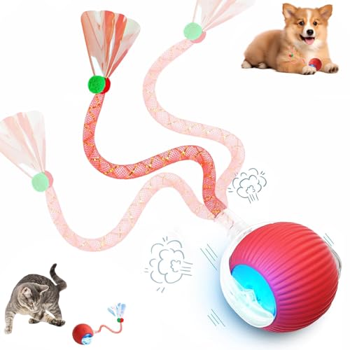 Supore Pallina Interattiva per Gatti, Giochi per Gatti Interattivi in Casa, Pallina Gatto Automatica Rotolante con Coda di Lucido, Intelligenti Giocattolo Palla per Cani e Gatto (Rosso)