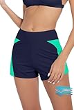 Beautikini Period Swimwear Menstrual Leakproof Swim Shorts Quick Dry 3" High Waist Bathing Suit Bottoms for Teen Girls Women, Biscay Green+dark Blue, Small