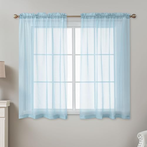 Image of Blue Sheer Curtains 54 Inch Length, Privacy Semi Sheer Curtains for Dining Room Kitchen, Light Filtering Rod Pocket Voile Window Drapes 2 Panels Set, Each 42 inch W x 54 inch L
