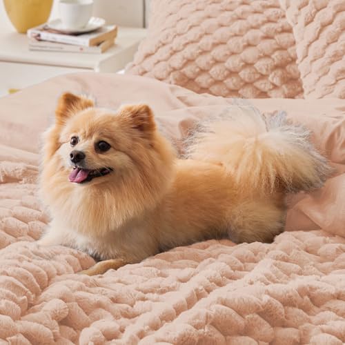 BEDELITE Fluffy King Size Comforter Set - Coral Pink Fleece Soft Comforter for King Size Bed, Luxury Warm Bedding Set for Winter, Fuzzy Bed Set 3 Pieces (1 Comforter, 2 Pillowcases)