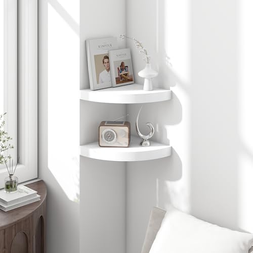 Image of Fun Memories Floating Corner Shelves Set of 2 - Rustic Wood Wall Mounted Storage and Display Shelves for Living Room, Bedroom, Kitchen, Bathroom - Space Saving Home Decor, White