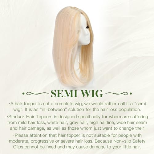 Starluck 18 Inch Light Blonde & Bleach Blonde Layered Hair Topper with Bangs for Women, Synthetic Base with 3 Clips for Women with Thinning Grey Hair Loss