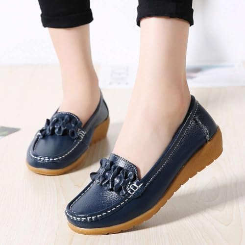Image of Women's Genuine Leather Platform Loafers Classic Casual Comfort Slip-On Shoes Soft Sole Dress Shoes