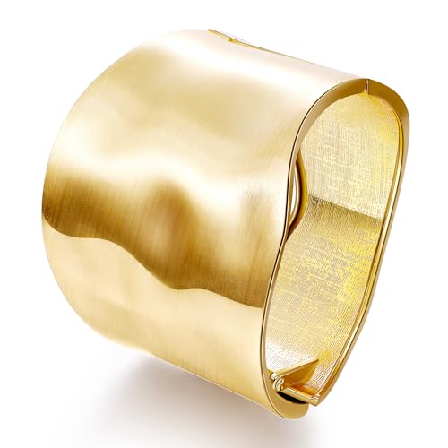 18K Gold Plated Wide Chunky Gold Cuff Bracelets for Women Chunky Bangle Bracelets Waterdrop Oval Irregular Trendy Wrist Wrap Bracelets Open Minimalist Thick Gold Wrist Cuff Bracelets