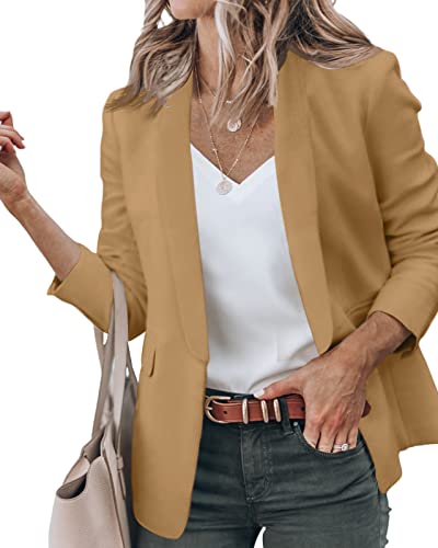 Newffr Womens Casual Blazer Jackets - Open Front Long Sleeve Lapel Collar Work Office Jackets Blazer Summer Outwear Brown #TOP14