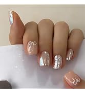 Short Press on Nails Chrome Square Bow False Nails Silver Fake Nails with Cute Designs Glossy Ext...