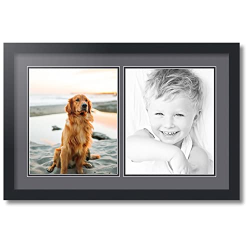 ArtToFrames Collage Photo Frame Double Mat with 2-10x12 inch Openings with Black Frame and Mountain Grey Top Mat