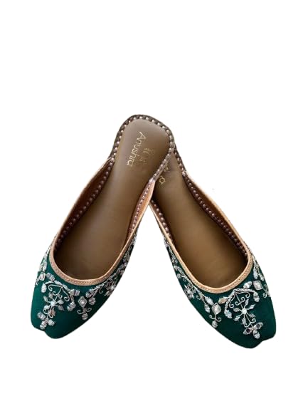 anushra Zareen Noor Half Jutti for Women, Handcrafted Emerald Green Open Back Ethnic Footwear with Mirror Work, Leather-picture-37