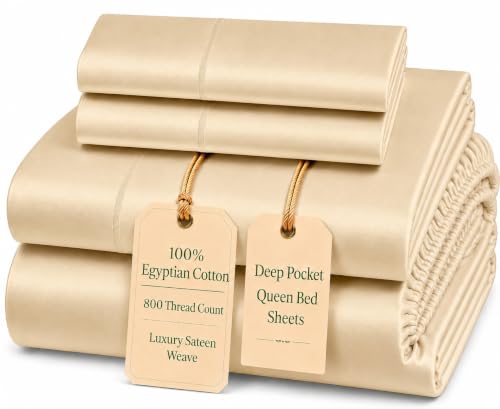 Image of 15 inch Deep Pocket Sheets Queen Size Bed Set, 800 TC Queen Sheets - Semolina | Soft Breathable Sateen Weave 4-Piece Egyptian Cotton Sheet & Pillowcase Sets, Machine Washable, No Pill, All Season Comfort