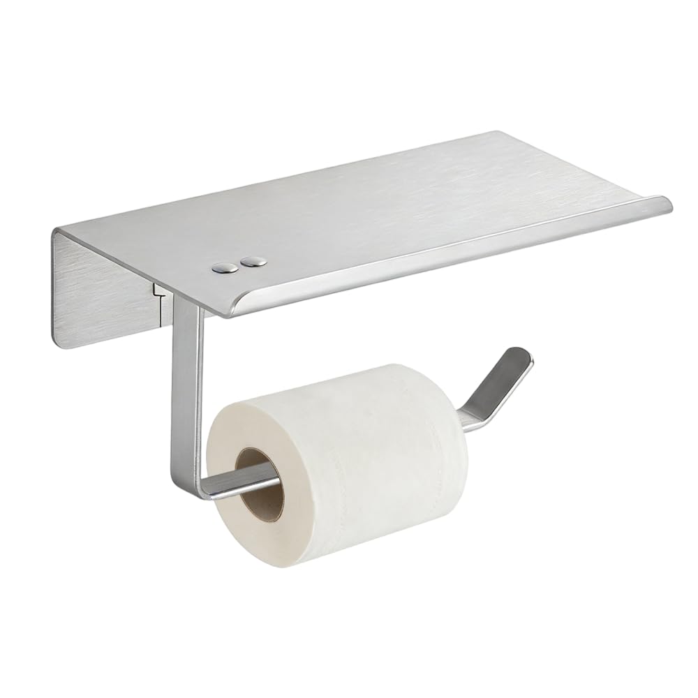 Toilet Paper Holder, Stainless Steel Wall Mounted Tissue Roll Dispenser with Shelf, Rustproof Toilet Roll Storage Wall Rack for Bathroom & Washroom
