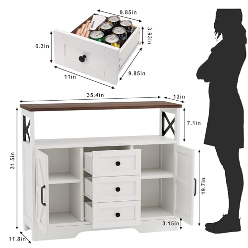 YGEOMER farmhouse buffet cabinet for dining room with 3 drawers and 2 doors, wood kitchen table storage for wine bar and